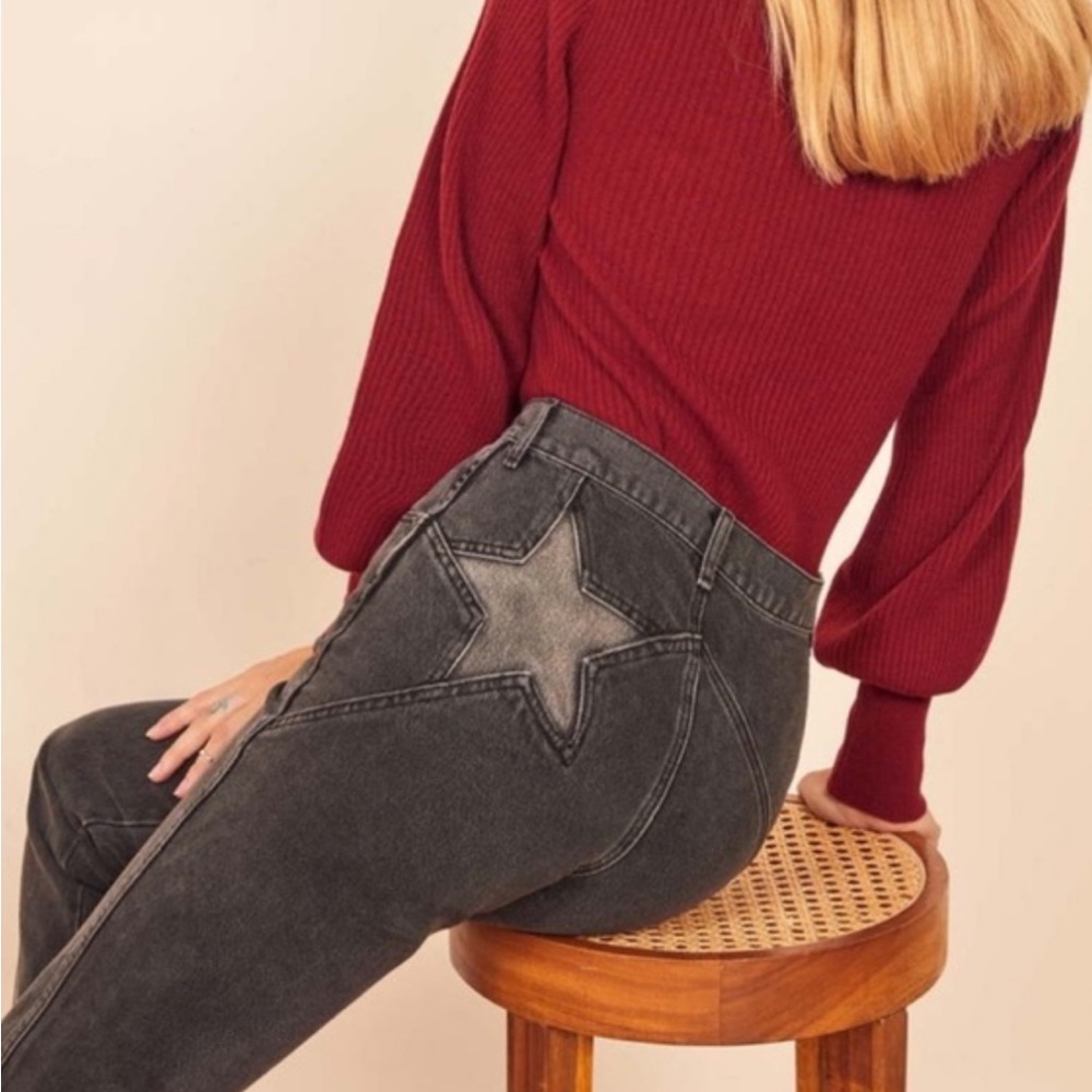Reformation Black Straight Leg Jeans with Star Detail